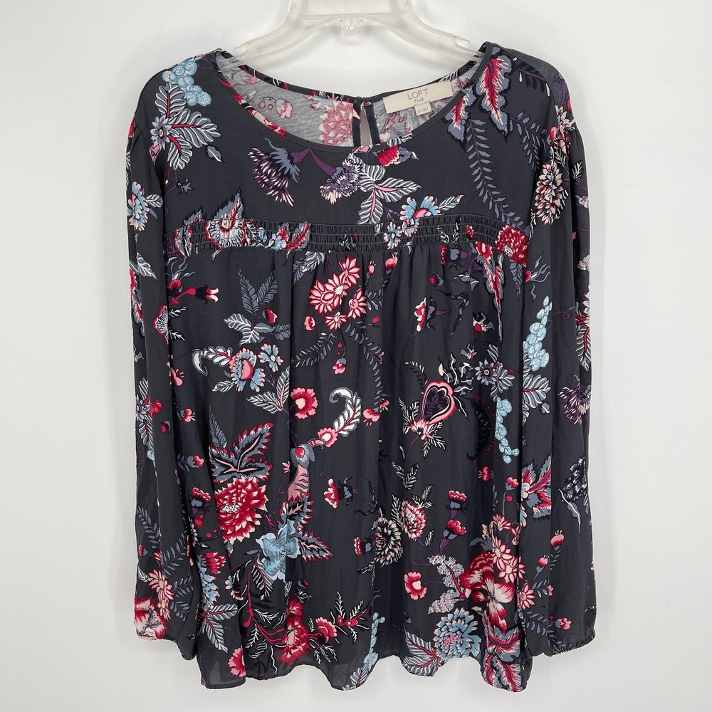 Loft Plus Women's Charcoal Gray Floral Smocked Long Sleeve Boho Blouse Size 20